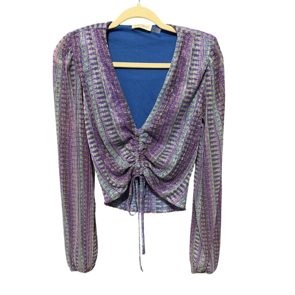 Ramy Brook Metallic Printed Long Sleeve Ruched Top Purple Multi Medium